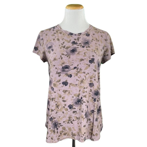 Anthropologie Postmark Brand Gray Rose Print Short Sleeve Crew Neck Tee